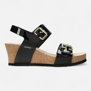 Mephisto Lissandra Black Patent Leather Wedge Heel Double Strap Sandals 40 10